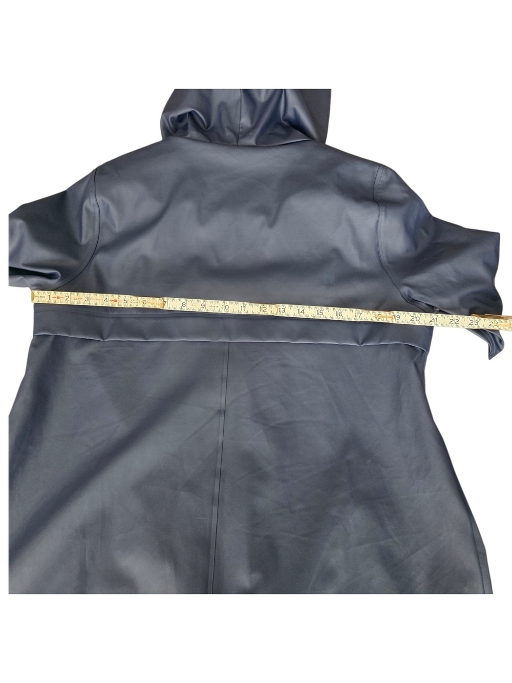 Classic Navy Hooded Long Rain Trench Coat by Mernini. Ladies Sz. Medium. 46 in - Picture 8 of 15
